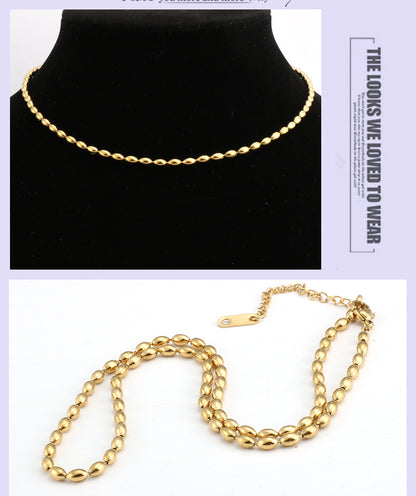 Stainless Steel Plated 18K Oval Beads Chain Necklace