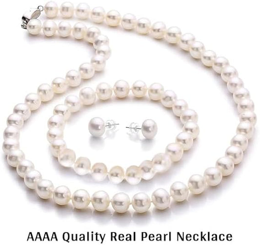 AAA+ Quality Pearl Necklace Set With Genuine Freshwater Cultured Pearls, 3 pcs Pearl Jewelry Set, With Necklace/Bracelet/Earings, Mother's Day Birthday Wedding, Gift for Brides, Mom, Wife