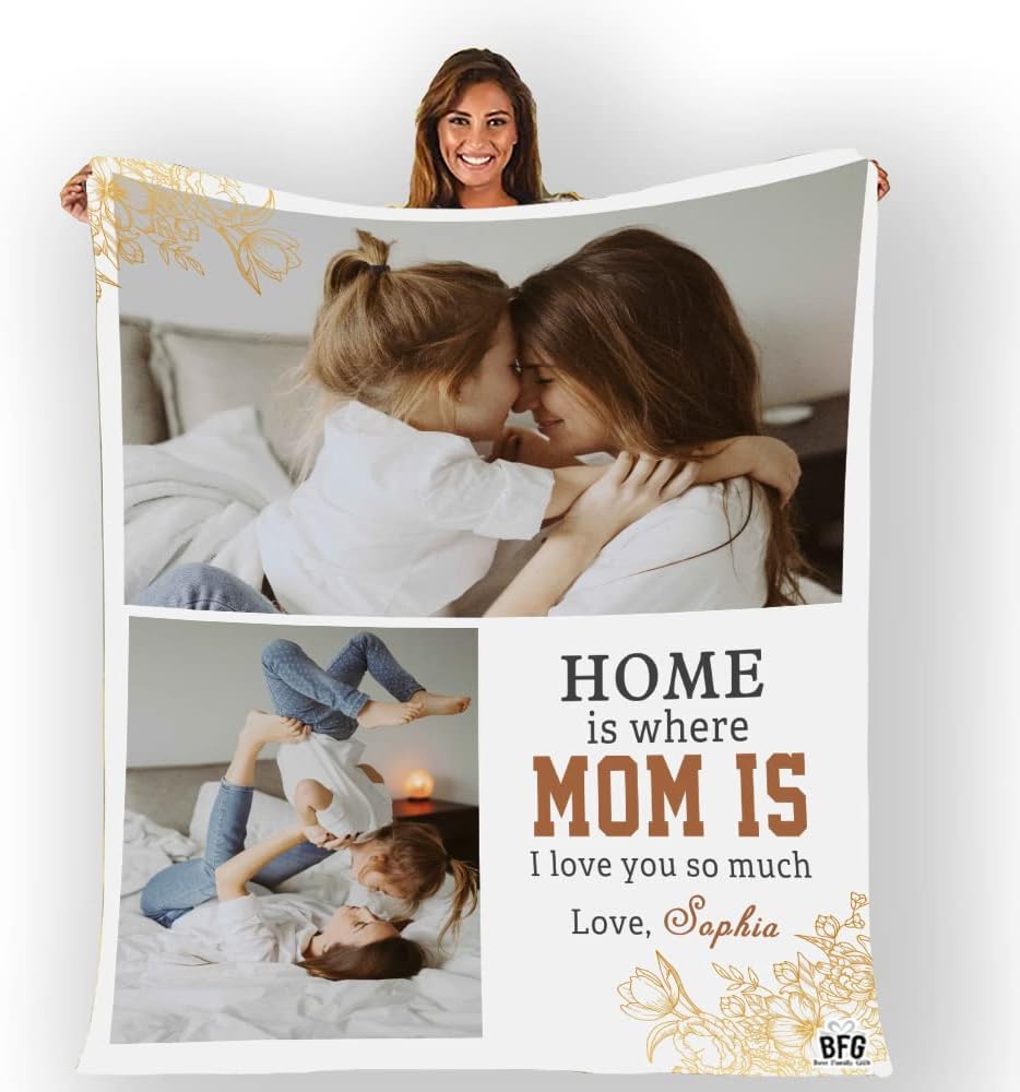 Home is Where Mom is I Love You So Much, Personalized Custom Photo and Name, Blankets for Lovely Mom, On Birthday, Mothers Day, Silky Smooth, Super-Soft, Light Weight Warm Blanket