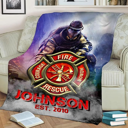 Personalized Firefighter Blanket with Custom Name and Establishment Date, Featuring Courage, Honor, and Rescue - Ideal Birthday, Christmas, or Thanksgiving Gift for Firefighters, Perfect for Husband, Father, Son, and Beloved Friends and Family