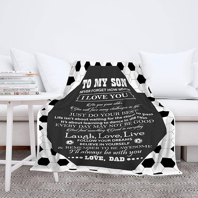 to My Soccer Son, Laugh Love Live, Premium Quality Fleece Blanket for Son, with Quotes and Beautiful Print, Birthday, Children's Day, Christmas Day, Gift for him, Super Soft and Cozy Blanket