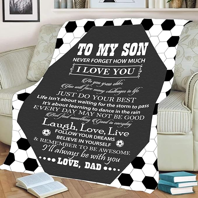 to My Soccer Son, Laugh Love Live, Premium Quality Fleece Blanket for Son, with Quotes and Beautiful Print, Birthday, Children's Day, Christmas Day, Gift for him, Super Soft and Cozy Blanket