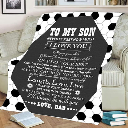 to My Soccer Son, Laugh Love Live, Premium Quality Fleece Blanket for Son, with Quotes and Beautiful Print, Birthday, Children's Day, Christmas Day, Gift for him, Super Soft and Cozy Blanket