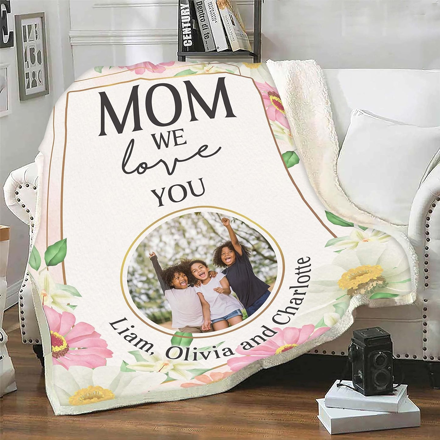 Customized Name and Photo Blanket for Mom/Mother, Mom We Love You, Gift from Son/Daughter for Birthday, Mothers Day, Thanksgiving, Christmas, Proudly Printed in USA Fleece or Sherpa Blanket