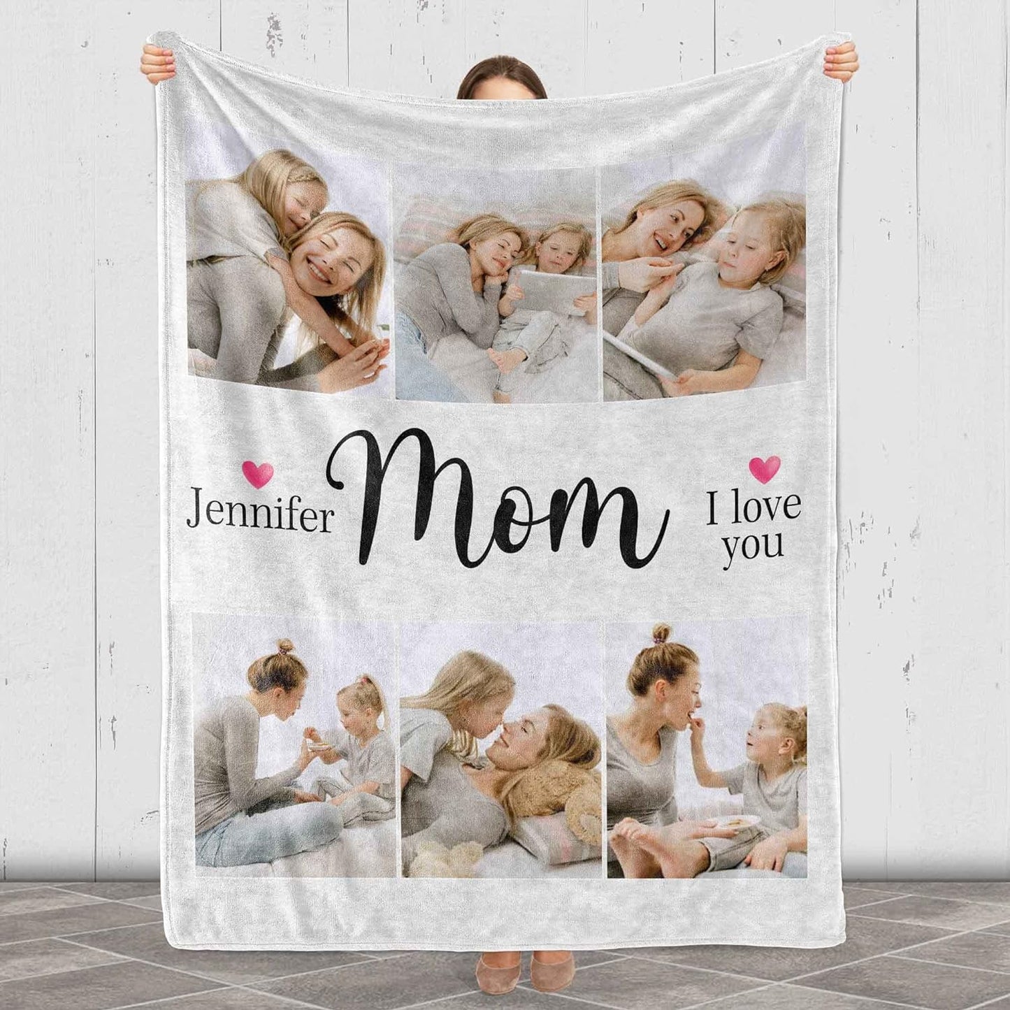 Custom Name & Photo Blanket for Mom. Gift for Mother's Day, Birthday, Christmas, from Daughter/Son, Personalized Mom I Love You Blanket with Images & Name, Printed in USA