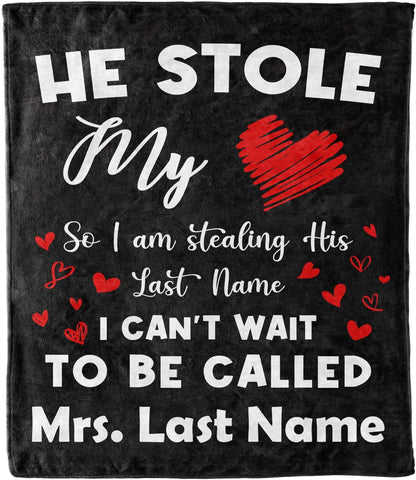 Personalized Couples Name Blanket - 'He Stole My Heart' Design. Perfect for Valentines, Birthdays, and More! Available in Fleece or Sherpa - Sent with Pride from the USA. A Heartfelt Gift from Loved Ones