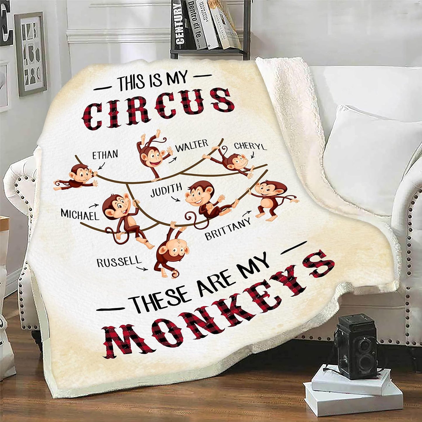 Custom Name Blanket for Grandpa, Grandma, Grandparents, Gift for Grandparent's Day, Birthday, Christmas, This is My Circus These are My Monkeys Personalized Blanket with Names, Printed in USA