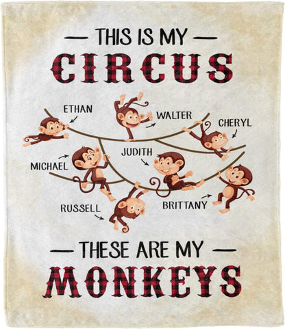 Custom Name Blanket for Grandpa, Grandma, Grandparents, Gift for Grandparent's Day, Birthday, Christmas, This is My Circus These are My Monkeys Personalized Blanket with Names, Printed in USA