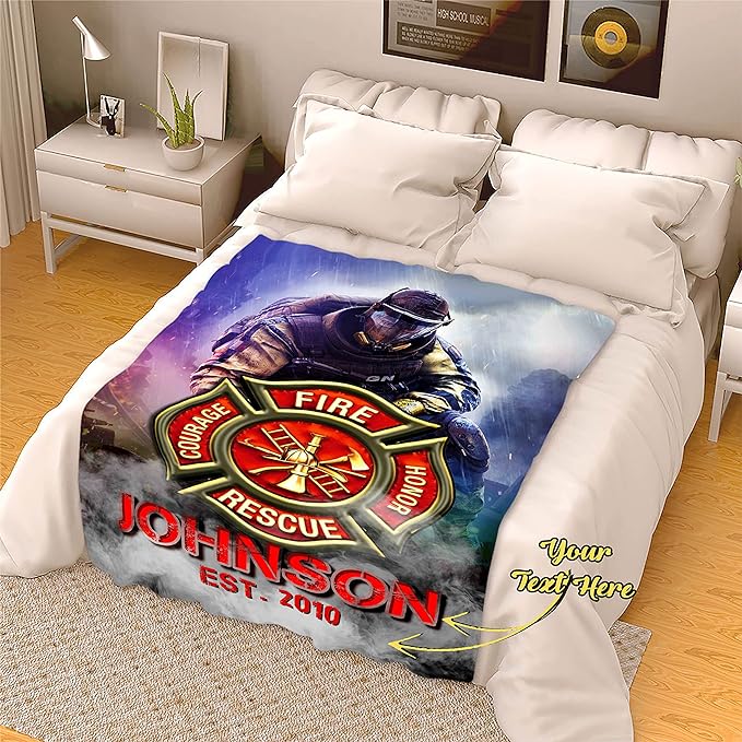 Personalized Firefighter Blanket with Custom Name and Establishment Date, Featuring Courage, Honor, and Rescue - Ideal Birthday, Christmas, or Thanksgiving Gift for Firefighters, Perfect for Husband, Father, Son, and Beloved Friends and Family