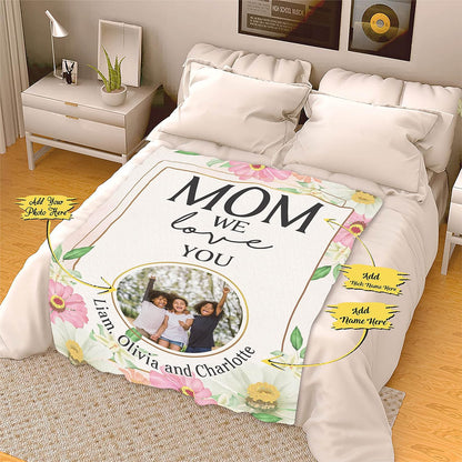 Customized Name and Photo Blanket for Mom/Mother, Mom We Love You, Gift from Son/Daughter for Birthday, Mothers Day, Thanksgiving, Christmas, Proudly Printed in USA Fleece or Sherpa Blanket