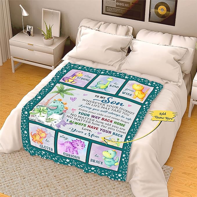 to My Son Customized Name Blanket Gift for Son from Mom/Dad for Birthday, Christmas, Thanksgiving, Stay Strong Be Kind Grow Wise Design Personalized Blanket Gift for Him, Printed in USA