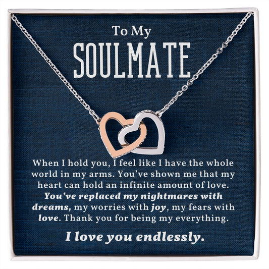 To my soulmate I love you endlessly, interlocking heart necklace, gift for her birthday, anniversary gift for wife