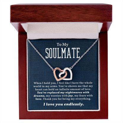 To my soulmate I love you endlessly, interlocking heart necklace, gift for her birthday, anniversary gift for wife