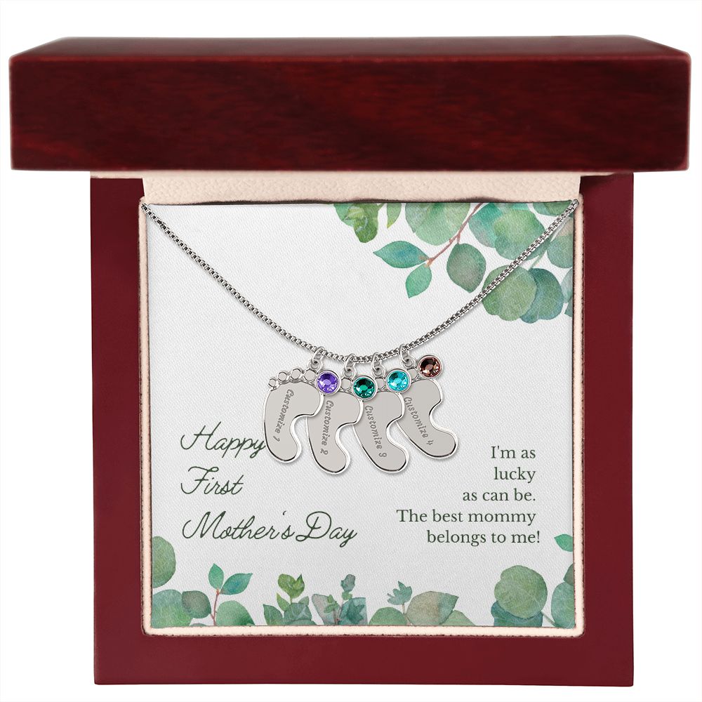 Engraved Baby Feet Charms Necklace, Birthstone Crystals/Diamond, Add Up To 4 Charms With Custom Names, Jewelry For Mom With Message Card, For Mother's Day/Birthday, Sterling Silver & Gold Plating