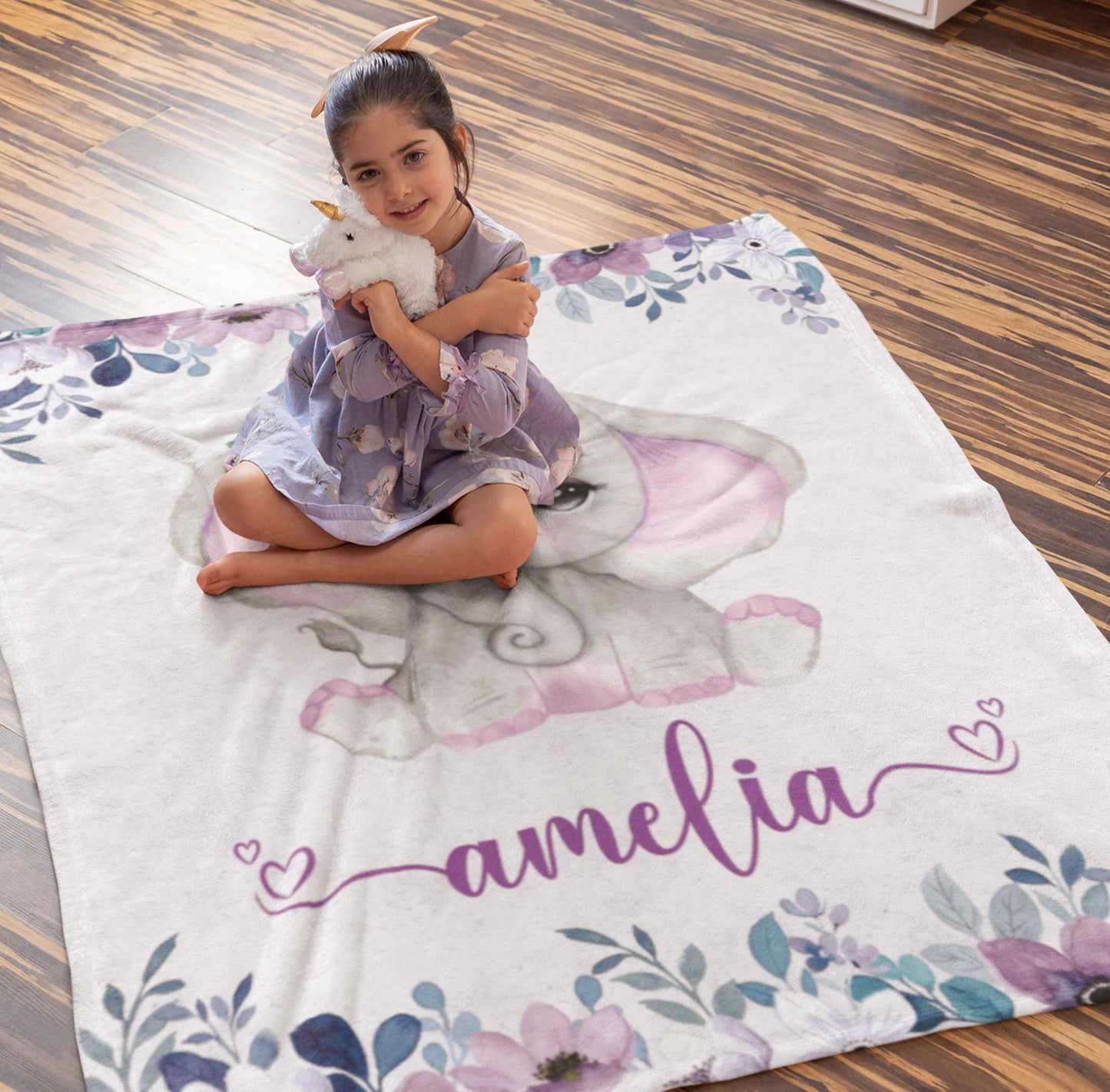 Customized Name Blanket For Kids With Cute Elephant Print