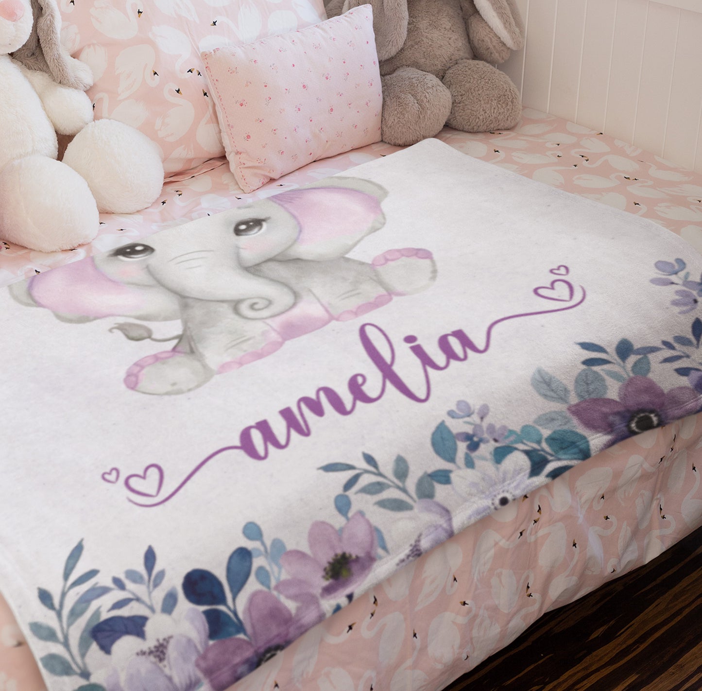 Customized Name Blanket For Kids With Cute Elephant Print