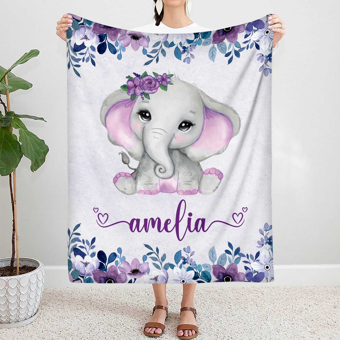 Customized Name Blanket For Kids With Cute Elephant Print