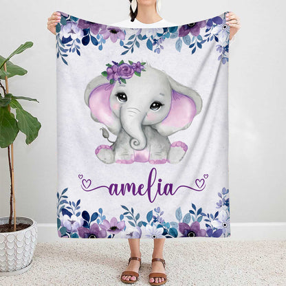 Customized Name Blanket For Kids With Cute Elephant Print