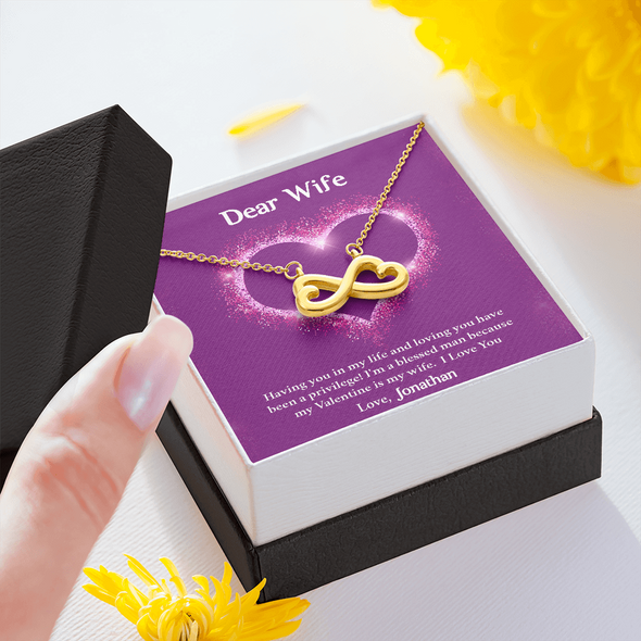 Dear Wife, Infinity Hearts Necklace With Having You In My Life Message Card, Birthday, Anniversary, Valentine's Day Gift, Jewelry For Her, Pendant For Her, Customized Message Card