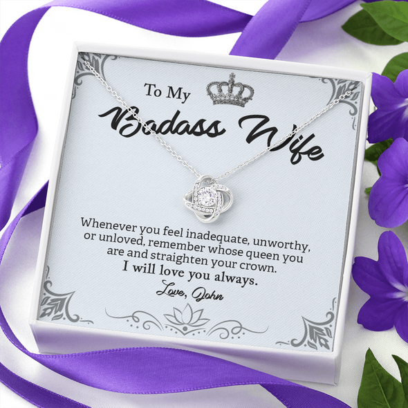 To My Badass Wife, Love Knot Necklace With Whenever You Feel Inadequate Remember Whose Queen You Are Customized Message Card, Anniversary, Birthday, Gift For Her, Jewelry For Her, Pendant For Her