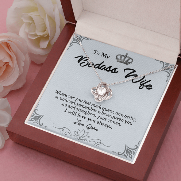 To My Badass Wife, Love Knot Necklace With Whenever You Feel Inadequate Remember Whose Queen You Are Customized Message Card, Anniversary, Birthday, Gift For Her, Jewelry For Her, Pendant For Her
